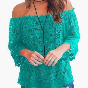 MIHOLL Women's Lace Off Shoulder Tops Casual Loose Blouse Shirts green xl